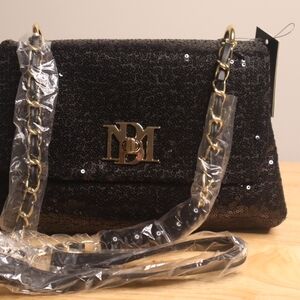 Badgley Mischka Black Sequin Shoulder Bag with Gold Chain